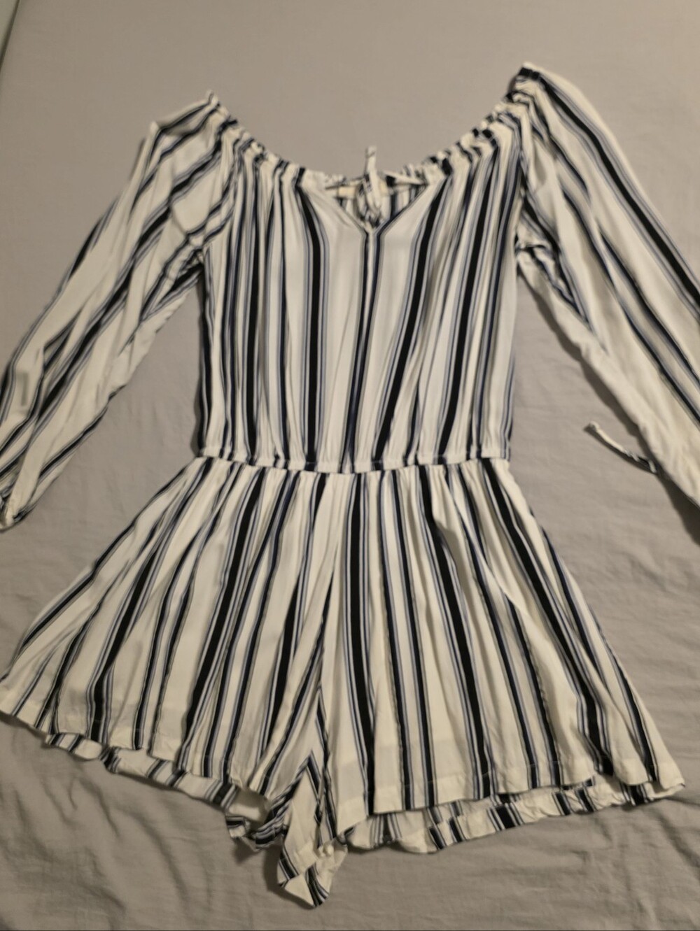 Elodie Navy and White Striped Off-Shoulder Romper